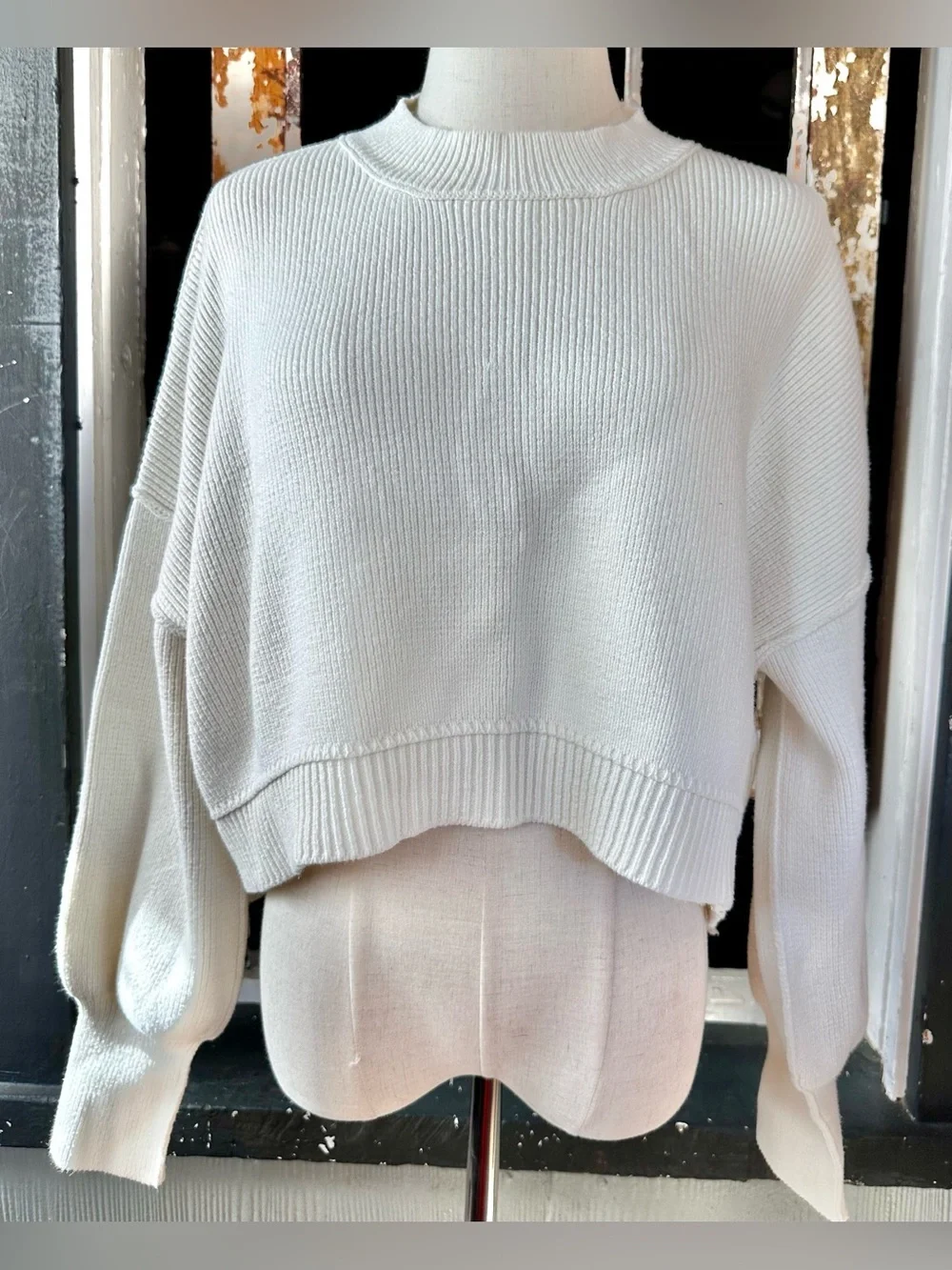 Free People Easy Street Crop Sweater Cream Oversized Ribbed Knit M